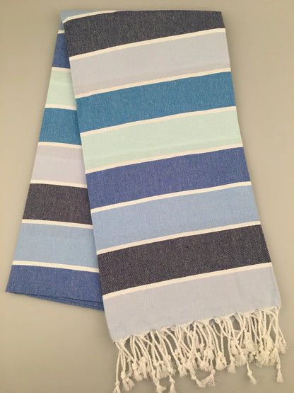 "Striped Turkish towel in shades of blue and green, with white fringe at the ends, laid flat on a neutral background."